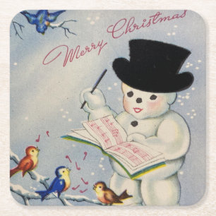 Frohe Weihnachten Schneemann mit Vögeln Rechteckiger Pappuntersetzer