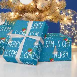 Frohe Weihnachten Schneemann und Baum in Schneeflo Geschenkpapier