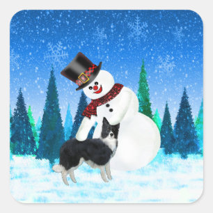 Frohe Weihnachten Schneemann und Border Collie Quadratischer Aufkleber
