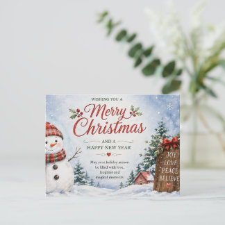 Frohe Weihnachten Schneemann und Wintergrün