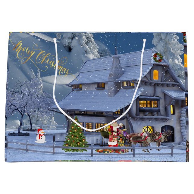 Frohe Weihnachten Schöne Winterlandschaft mit Weih Große Geschenktüte (Vorderseite)