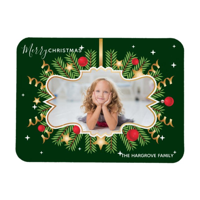 Frohe Weihnachten Schönes Grün Gold Foto Wreath Magnet (Horizontal)