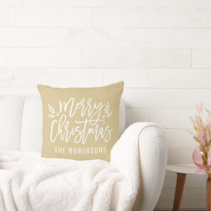 Frohe Weihnachten Schrift Familienname Tan Gold Kissen