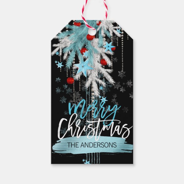 Frohe Weihnachten Schwarz Red Silver Blue Snow Geschenkanhänger (Vorderseite)