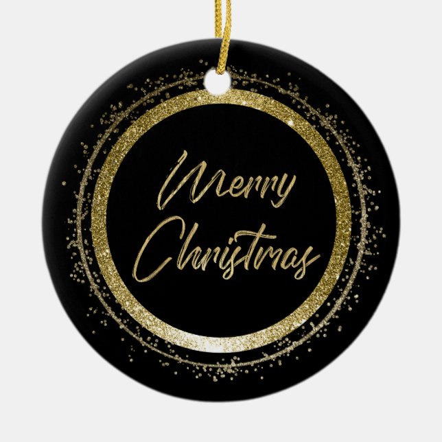 Frohe Weihnachten Schwarz und Gold Keramik Ornament (Vorne)