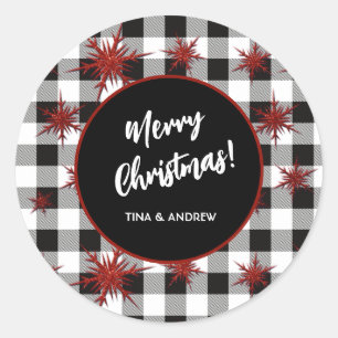 Frohe Weihnachten Schwarz-weiß Buffalo Karo Runder Aufkleber