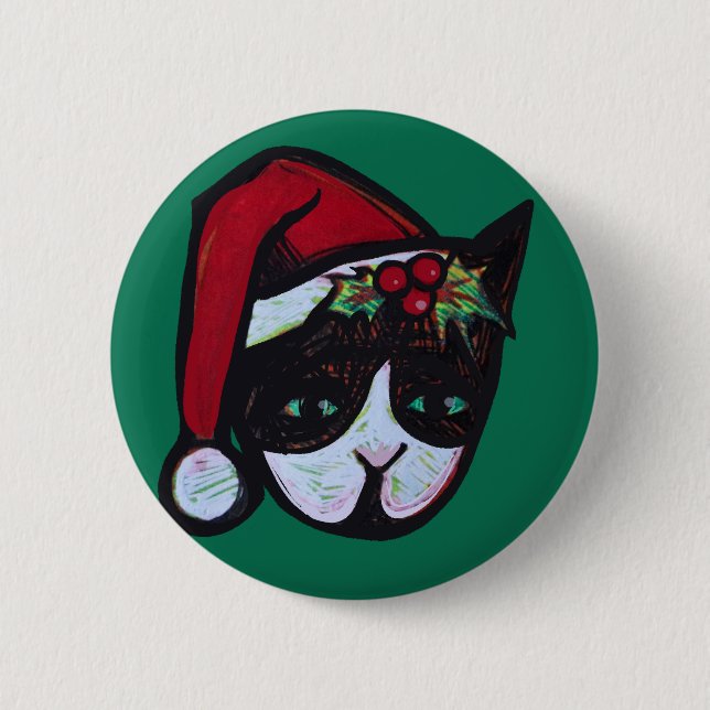 Frohe Weihnachten Schwarz-Weiß Katze Button (Vorderseite)
