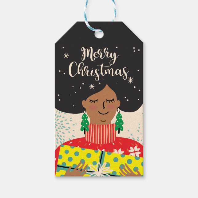 Frohe Weihnachten, schwarze Frau, heller Pullover Geschenkanhänger (Vorderseite)