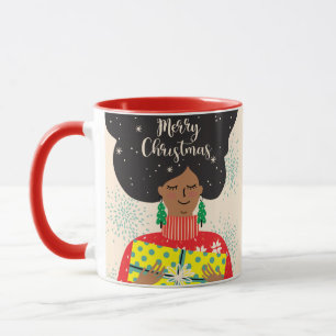 Frohe Weihnachten, schwarze Frau, heller Pullover Tasse