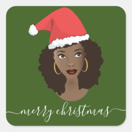 Frohe Weihnachten, Schwarze Frau, Weihnachtsmannmü Quadratischer Aufkleber