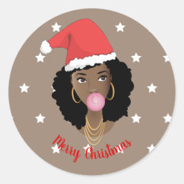 Frohe Weihnachten! Schwarze Frau, Weihnachtsmannmü Runder Aufkleber