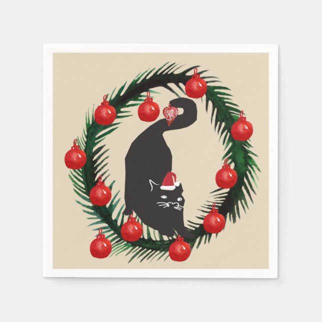 Frohe Weihnachten, schwarze Katze Serviette (Vorderseite)