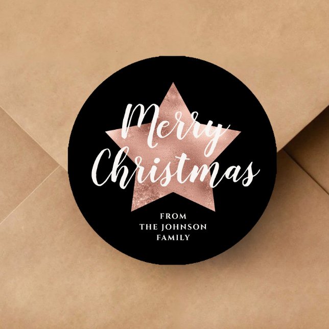 Frohe Weihnachten Schwarze Rose Gold Star Runder Aufkleber (Merry Christmas Black Rose Gold Star Classic Round Sticker)