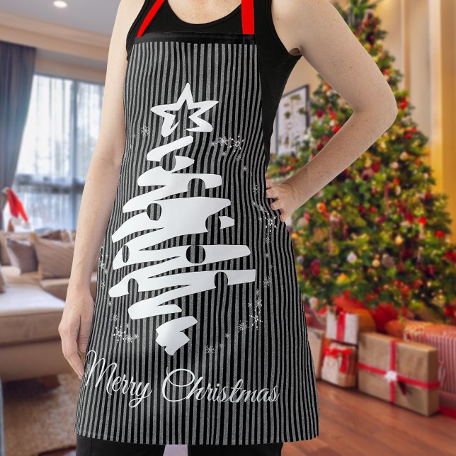 Frohe Weihnachten Schwarzer Streifen Moderner Urla Schürze (Merry Christmas Black Stripe Modern Holiday Apron)