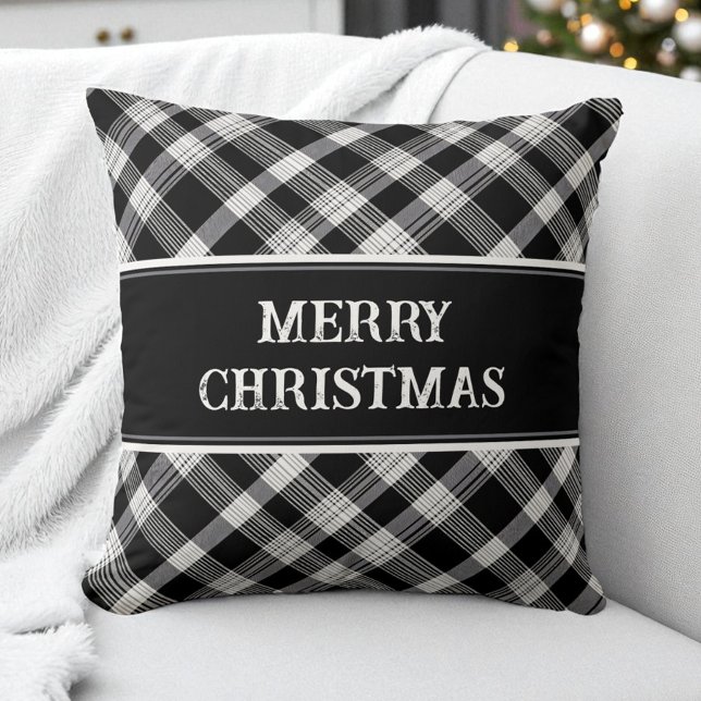 Frohe Weihnachten Schwarzes Kariertes Muster Moder Kissen (Merry Christmas Black Plaid Pattern Modern Rustic Throw Pillow)