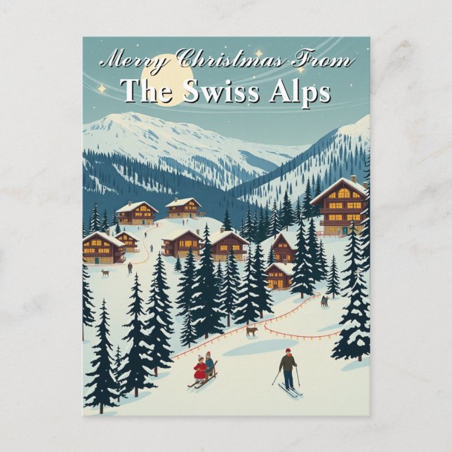 Frohe Weihnachten Schweizer Alpen Alpines Skidorf Postkarte (Vorderseite)