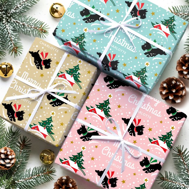 Frohe Weihnachten Scottie Dog Snow Fun Name Geschenkpapier Set (Von Creator hochgeladen)