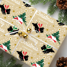 Frohe Weihnachten Scottie Dog Snow Fun Name Gold Geschenkpapier