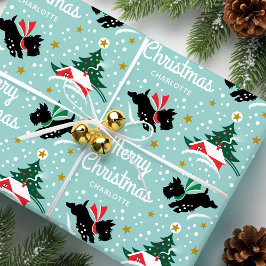 Frohe Weihnachten Scottie Dog Snow Fun Name Mint Geschenkpapier