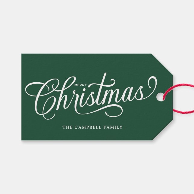 Frohe Weihnachten Script Waldgrün Geschenkanhänger (Vorderseite (Horizontal))