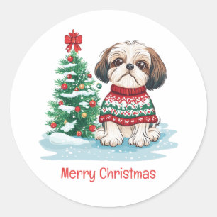 Frohe Weihnachten Shih Tzu Santa Hund Runder Aufkleber