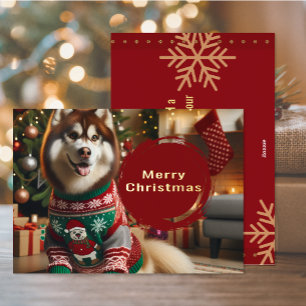 Frohe Weihnachten Sibirien Husky Foil Grußkarte Folien Feiertagskarte