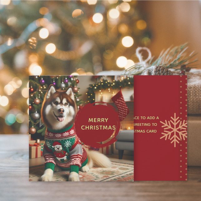 Frohe Weihnachten Sibirische Husky Grußkarte Karte (The front and back of the Siberian Husky Christmas Holiday greeting card)
