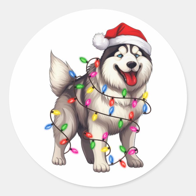Frohe Weihnachten Sibirischer Husky mit Weihnachts Runder Aufkleber (Vorderseite)