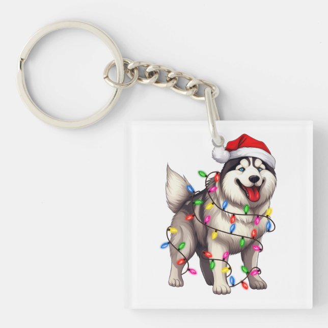 Frohe Weihnachten Sibirischer Husky mit Weihnachts Schlüsselanhänger (Vorderseite)