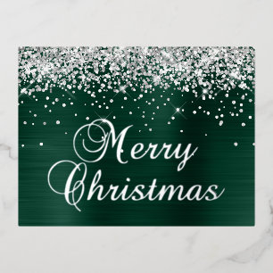 Frohe Weihnachten Silber Glitter Tanne Grün Folien Feiertagspostkarte