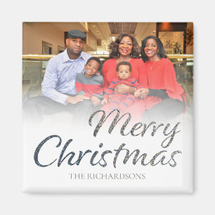 Frohe Weihnachten Silber Glitzer VOLL Foto & Name  Magnet