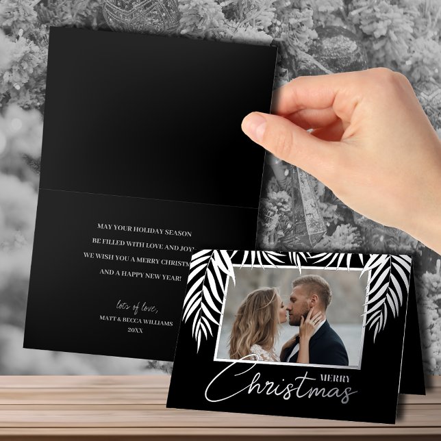 Frohe Weihnachten Silberpalmen geklappt (Merry Christmas, palm fronds in silver foil, photo on front, greeting inside folded greeting cards)