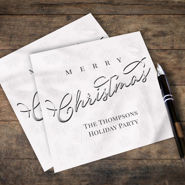 Frohe Weihnachten Silver Calligrafy Niedlich Snowf Serviette (Merry Christmas silver calligraphy script paper napkin)