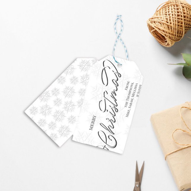 Frohe Weihnachten Silver Calligraphy Snowflakes Geschenkanhänger (Merry Christmas silver calligraphy script gift tag)