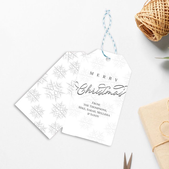 Frohe Weihnachten Silver Calligraphy Snowflakes Geschenkanhänger (Merry Christmas silver snowflake calligraphy gift tag.)