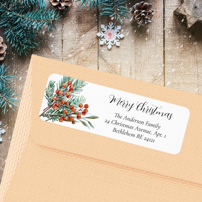 Frohe Weihnachten Simple Watercolor Heilige rote B (Merry Christmas Simple Rustic Watercolor Green Holly Red Berries Holiday Return Address Label)