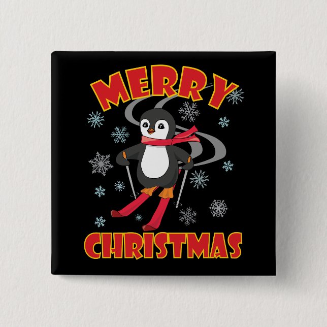 Frohe Weihnachten Skiing Penguin Button (Vorderseite)