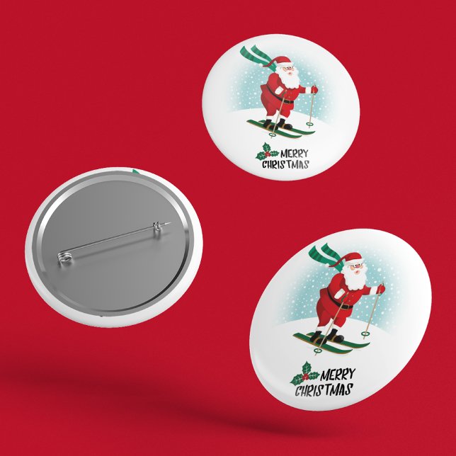 Frohe Weihnachten Skiing Santa Claus | Urlaub Button (Von Creator hochgeladen)