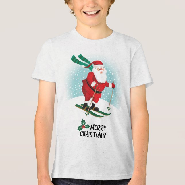 Frohe Weihnachten Skiing Santa Claus | Urlaub Tri-Blend Shirt (Vorderseite)
