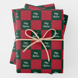 Frohe Weihnachten Skript Grün und Rot Schachbrett Geschenkpapier Set