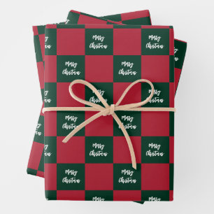 Frohe Weihnachten Skript Grün und Rot Schachbrett Geschenkpapier Set