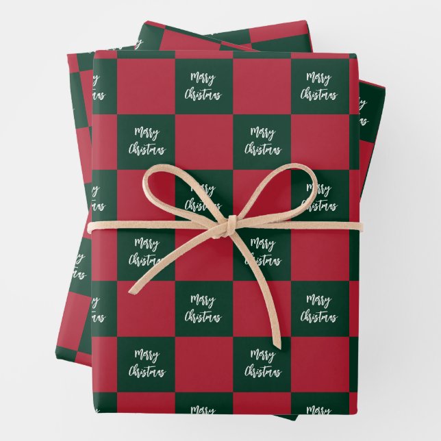 Frohe Weihnachten Skript Grün und Rot Schachbrett Geschenkpapier Set (Beispiel)