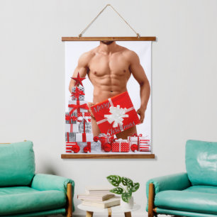 Frohe Weihnachten SlipperyJoe rot weiß Silber Gesc Wandteppich Mit Holzrahmen