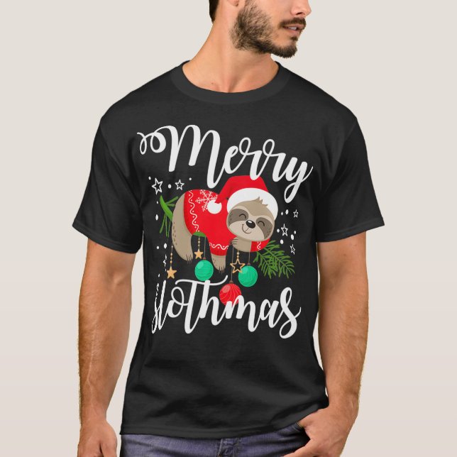 Frohe Weihnachten Sloth Lazy Weihnachtsmannmütze T-Shirt (Vorderseite)