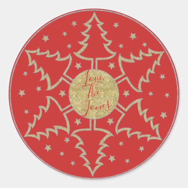 Frohe Weihnachten "Snowflake Trees" Stickers Runde (Vorderseite)
