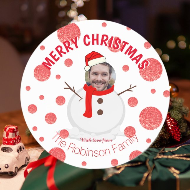 Frohe Weihnachten Snowman Funny Foto Gesicht Runder Aufkleber (Merry Christmas Snowman Funny Photo Face Classic Round Sticker)