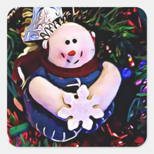 Frohe Weihnachten Snowman Holding Snowflake Quadratischer Aufkleber