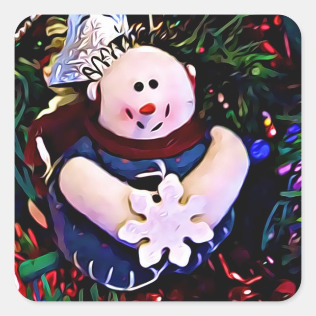 Frohe Weihnachten Snowman Holding Snowflake Quadratischer Aufkleber (Vorderseite)