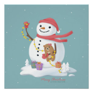 Frohe Weihnachten: Snowman Illustration Art Poster