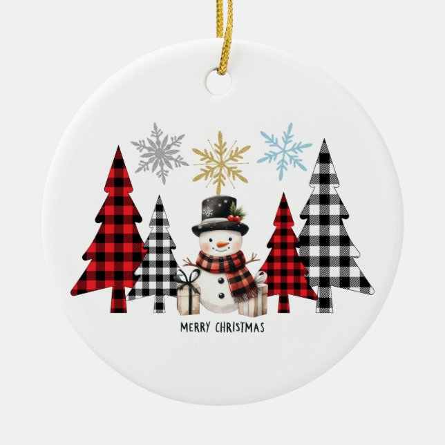 Frohe Weihnachten Snowman Karierte Weihnachtsbaum Keramik Ornament (Vorne)